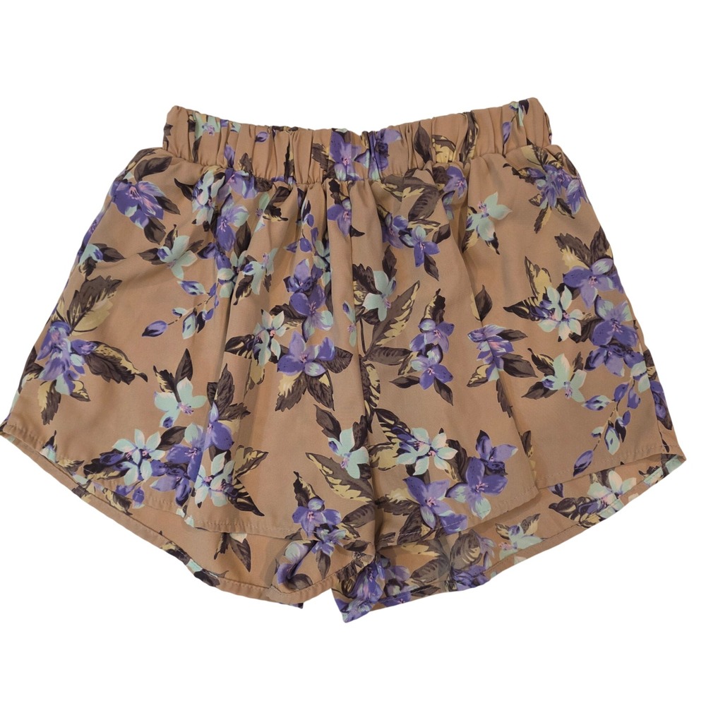 Sage Womens Medium Tan‎ Purple Floral Print Elastic Waist Flowy Shorts ST4800-B